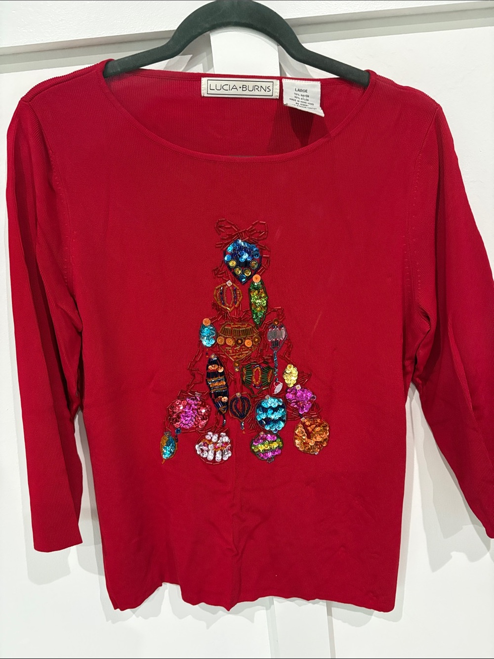 Lucia-Burns Red Long-Sleeve Sequin Ornament Top